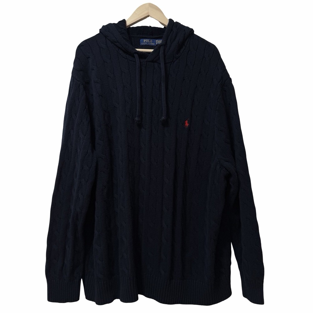 POLO Ralph Lauren Mens Cable Knit Hoodie Sweater Size 3XB Navy Preppy Nautical